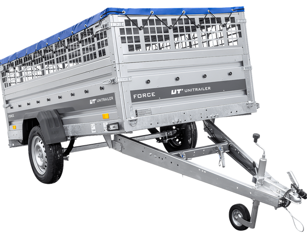 Einachsiger Anhänger auf Blattfedern 264×125 UNITRAILER FORCE 264/R KIPP mit Gitterseitenwänden, H-0-Rahmen und blauer Plane-Neu