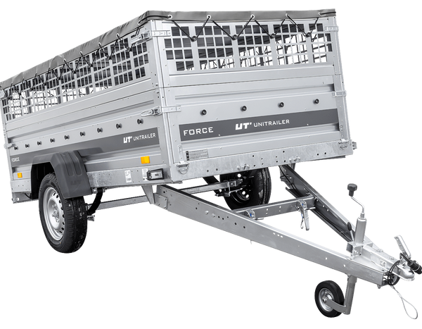 Einachsiger Anhänger auf Blattfedern 264×125 UNITRAILER FORCE 264/R KIPP mit Gitterseitenwänden, H-0-Rahmen und grauer Plane-Neu