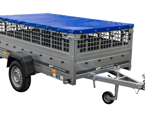Einachsiger Anhänger auf Blattfedern 264×125 UNITRAILER GARDEN 264/R KIPP mit Gitterseitenwänden, H-0-Rahmen und blauer Plane-Neu