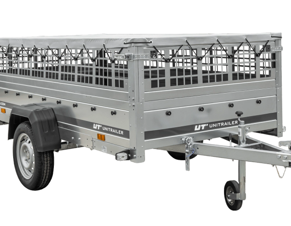 Einachsiger Anhänger auf Blattfedern 264×125 UNITRAILER GARDEN 264/R KIPP mit Gitterseitenwänden, H-0-Rahmen und grauer Plane-Neu