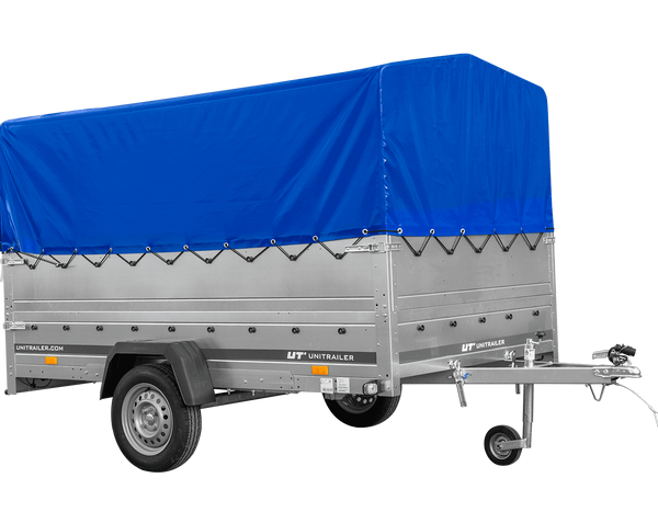 Einachsiger Anhänger auf Blattfedern 264×150 UNITRAILER GARDEN 265/R KIPP mit BIS-Seitenwänden, H-800-Rahmen und blauer Plane-Neu