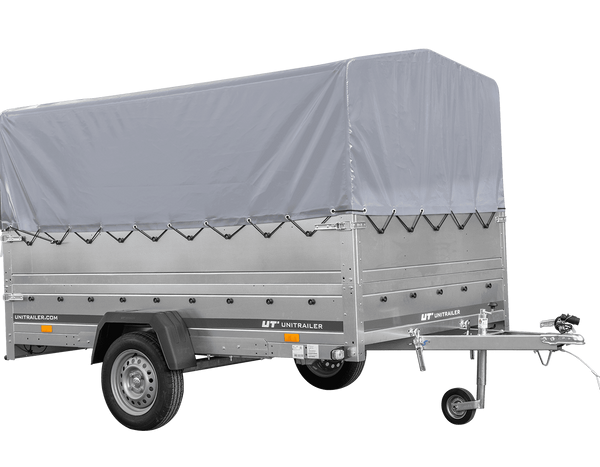 Einachsiger Anhänger auf Blattfedern 264×150 UNITRAILER GARDEN 265/R KIPP mit BIS-Seitenwänden, H-800-Rahmen und grauer Plane-Neu