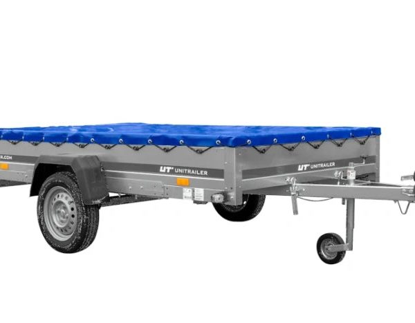 Einachsiger Anhänger auf Blattfedern 264×150 UNITRAILER GARDEN 265/R KIPP mit H-0-Rahmen und blauer Plane-Neu
