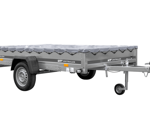 Einachsiger Anhänger auf Blattfedern 264×150 UNITRAILER GARDEN 265/R KIPP mit H-0-Rahmen und grauer Plane-Neu
