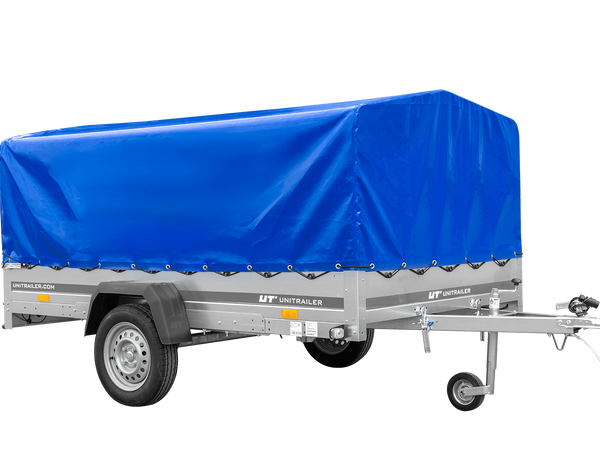 Einachsiger Anhänger auf Blattfedern 264×150 UNITRAILER GARDEN 265/R KIPP mit H-800 Rahmen und blauer Plane-Neu