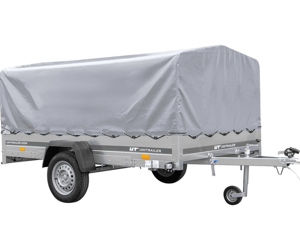 Einachsiger Anhänger auf Blattfedern 264×150 UNITRAILER GARDEN 265/R KIPP mit H-800 Rahmen und grauer Plane-Neu