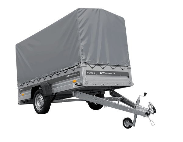 Einachsiger Anhänger mit Blattfedern 264×125 UNITRAILER FORCE 264/R KIPP mit H-1100 Rahmen und grauer Plane-Neu