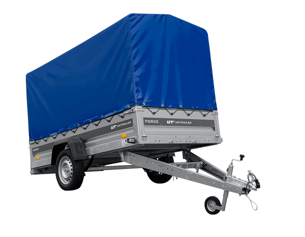 Einachsiger Anhänger mit Blattfedern 264×125 UNITRAILER FORCE 264/R KIPP mit H-1100 Spriegel und blauer Plane-Neu