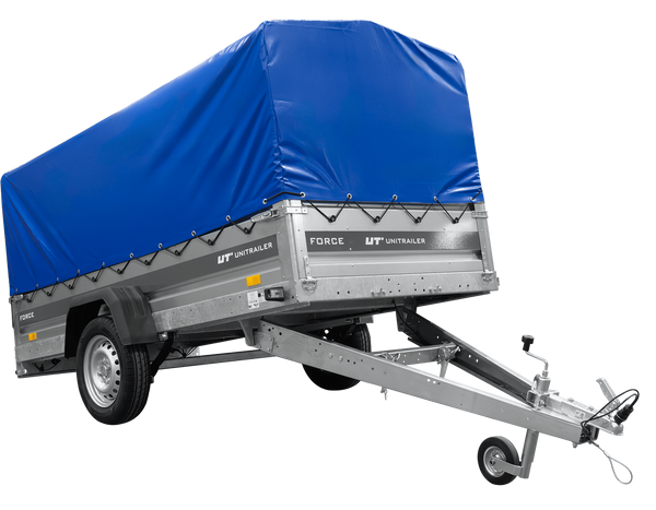 Einachsiger Anhänger mit Blattfedern 264×125 UNITRAILER FORCE 264/R KIPP mit H-800 Spriegel und blauer Plane-Neu