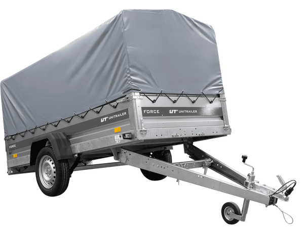 Einachsiger Anhänger mit Blattfedern 264×125 UNITRAILER FORCE 264/R KIPP mit H-800 Spriegel und grauer Plane-Neu