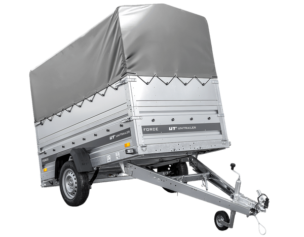 Einachsiger Federanhänger 230×125 UNITRAILER FORCE 230/R KIPP mit BIS-Seitenwänden, H-800-Rahmen und grauer Plane-Neu