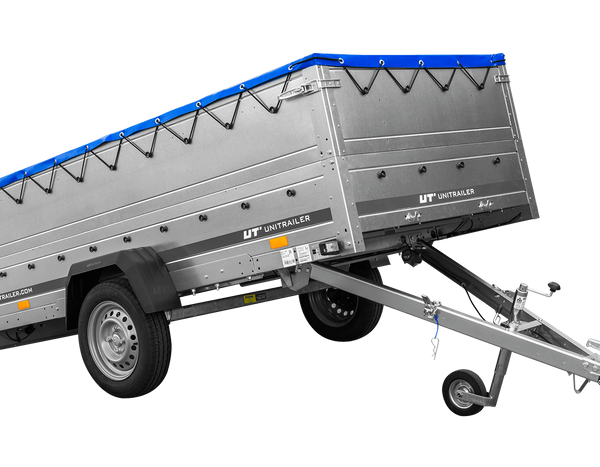 Großer Anhänger 750 kg GARDEN TRAILER 264 KIPP mit Bordwandaufsatz [zusätzliche 40 cm], Stützrad und blauer Flachplane-Neu