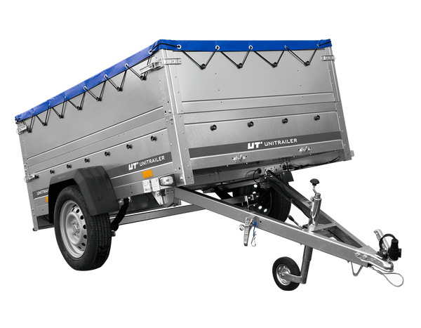 Leichtanhänger auf Blattfedern 200×125 UNITRAILER GARDEN 201/R KIPP mit BIS-Seiten, H-0-Rahmen und blauer Plane-Neu