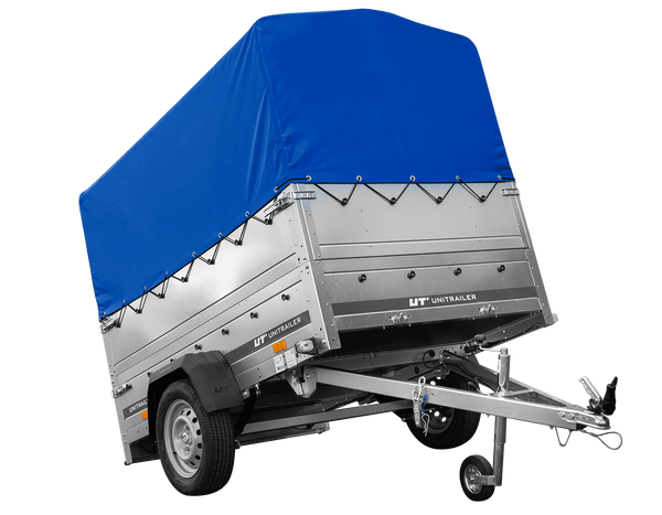 Leichtanhänger auf Blattfedern 200×125 UNITRAILER GARDEN 201/R KIPP mit BIS-Seiten, H-800-Rahmen und blauer Plane-Neu