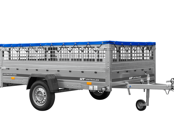 Leichter Anhänger auf Blattedern 264×150 UNITRAILER GARDEN 265/R KIPP mit Gitterwänden, H-0-Rahmen und blauer Plane-Neu
