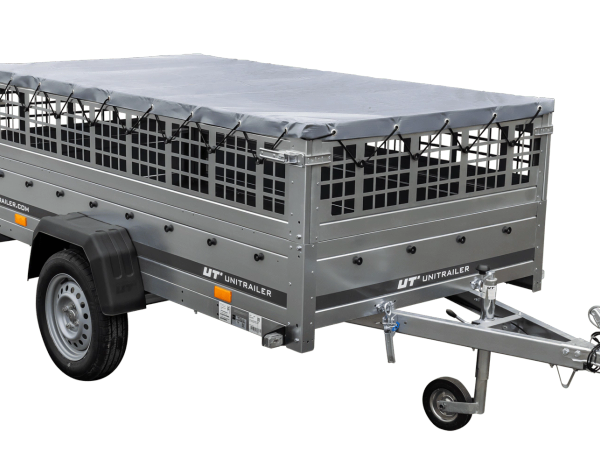 Leichter Anhänger auf Blattfedern 230×125 UNITRAILER GARDEN 230/R KIPP mit Gitterwänden, H-0-Rahmen und grauer Plane-Neu