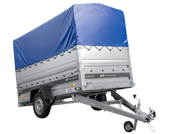 Leichter Anhänger auf Blattfedern 264×125 UNITRAILER FORCE 264/R KIPP mit BIS-Seitenwänden, H-800-Rahmen und blauer Plane-Neu