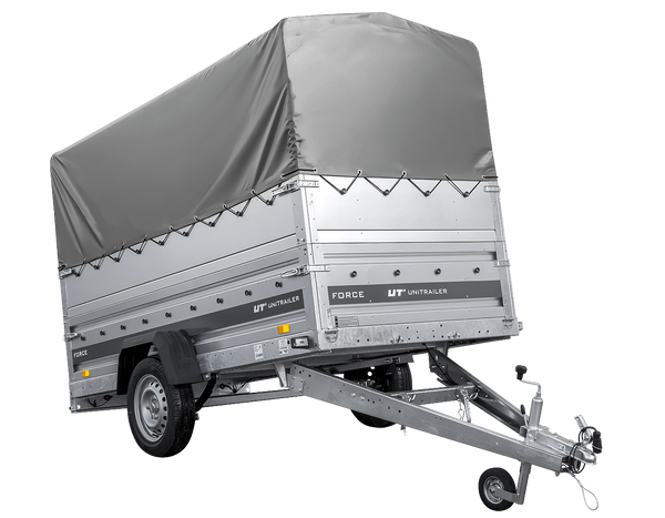 Leichter Anhänger auf Blattfedern 264×125 UNITRAILER FORCE 264/R KIPP mit BIS-Seitenwänden, H-800-Rahmen und grauer Plane-Neu