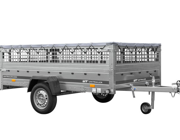 Leichter Anhänger auf Blattfedern 264×150 UNITRAILER GARDEN 265/R KIPP mit Gitterwänden, H-0 Rahmen und grauer Plane-Neu