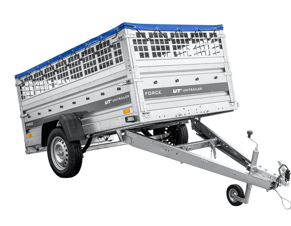 Leichter Anhänger auf Federn 230×125 UNITRAILER FORCE 230/R KIPP mit Gitterwänden, H-0-Rahmen und blauer Plane-Neu