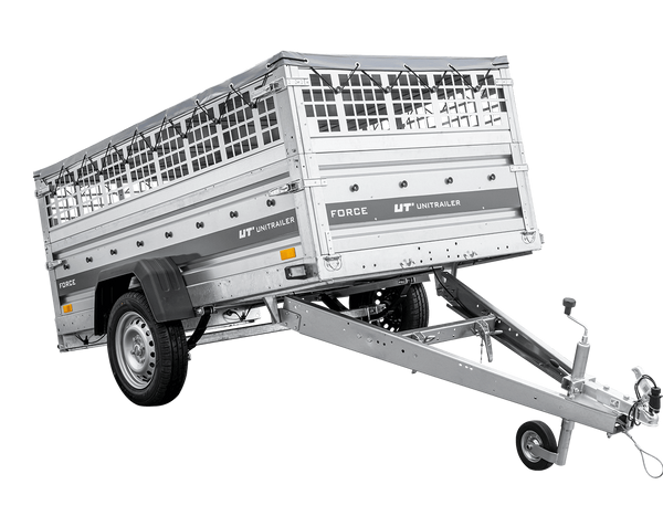 Leichter Anhänger auf Federn 230×125 UNITRAILER FORCE 230/R KIPP mit Gitterwänden, H-0-Rahmen und grauer Plane-Neu