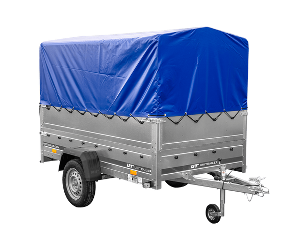 PKW-Anhänger 230×125 UNITRAILER GARDEN 230 FD mit BIS-Bordwänden, H-800-Gestell und blauer Plane-Neu