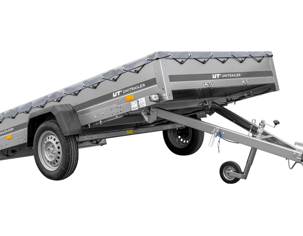 PKW Anhänger 264×150 UNITRAILER GARDEN 265 KIPP mit Flachplanenträger und grauer Plane-Neu