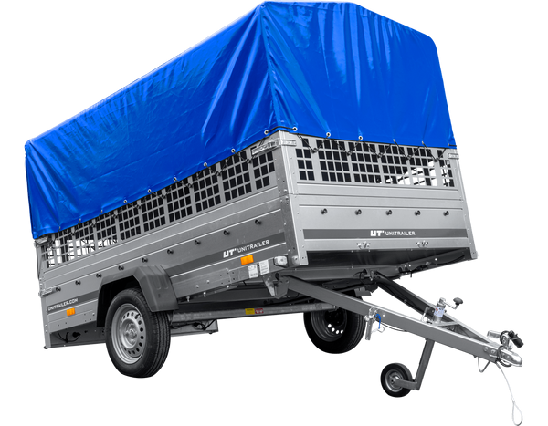 PKW-Anhänger 264×150 UNITRAILER GARDEN 265 KIPP mit Gitteraufsatz, Hochspriegel H-800 und blauer Plane-Neu