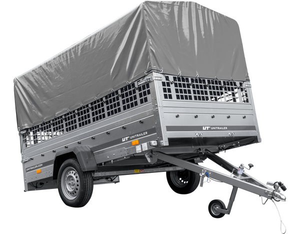 PKW-Anhänger 264×150 UNITRAILER GARDEN 265 KIPP mit Gitteraufsatz, Hochspriegel H-800 und grauer Plane-Neu