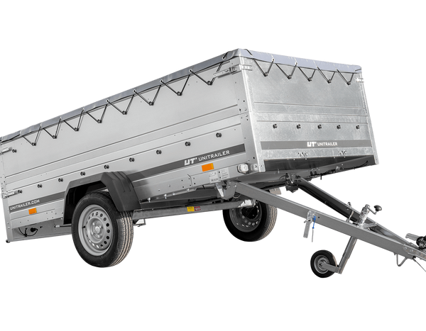 PKW-Anhänger 264×150 UNITRAILER GARDEN 265 KIPP mit zusätzlichen Bordwänden, H-0-Rahmen und grauer Plane-Neu