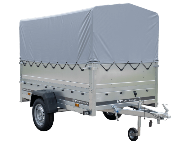 PKW-Anhänger auf Blattfedern 230×125 UNITRAILER GARDEN 230/R KIPP mit BIS-Seiten, H-800-Rahmen und grauer Plane-Neu
