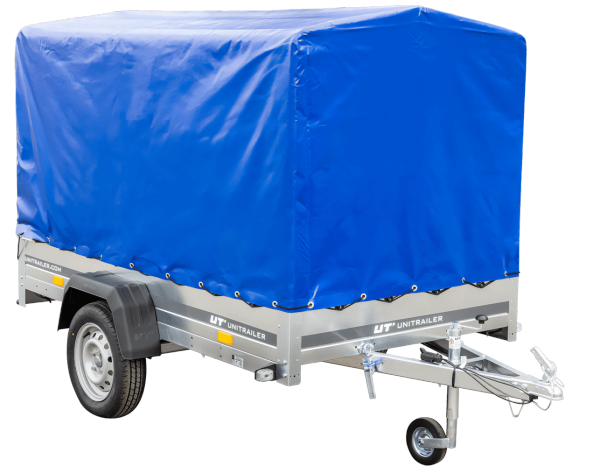 PKW-Anhänger auf Blattfedern 230×125 UNITRAILER GARDEN 230/R KIPP mit H-1100 Rahmen und blauer Plane-Neu