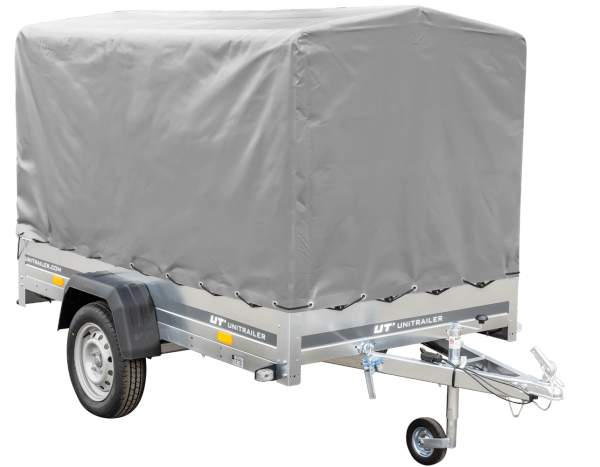 PKW-Anhänger auf Blattfedern 230×125 UNITRAILER GARDEN 230/R KIPP mit H-1100-Rahmen und grauer Plane-Neu