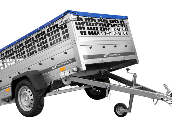 PKW-Anhänger auf Federn 200×125 UNITRAILER GARDEN 201/R KIPP mit Gitterwänden, H-0-Rahmen und blauer Plane-Neu