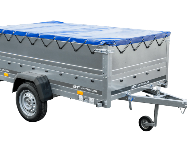 PKW-Anhänger auf Federn 230×125 UNITRAILER GARDEN 230/R KIPP mit BIS-Bordwänden, H-0-Rahmen und blauer Plane-Neu