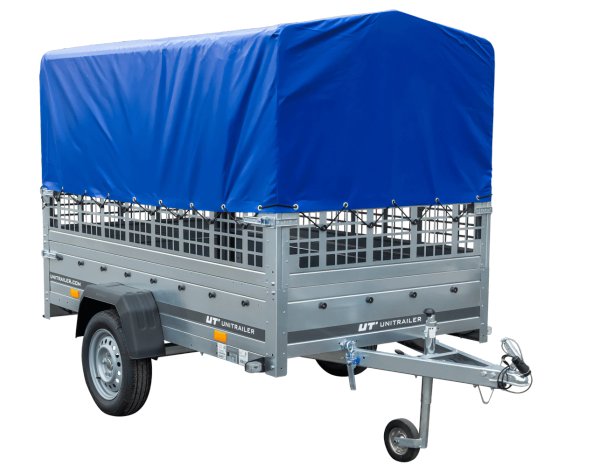 PKW-Anhänger auf Federn 230×125 UNITRAILER GARDEN 230/R KIPP mit Gitterwänden, H-800-Rahmen und blauer Plane-Neu