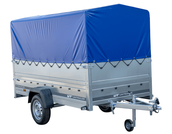 PKW-Anhänger auf Federn 264×125 UNITRAILER GARDEN 264/R KIPP mit BIS-Seiten, H-800-Rahmen und blauer Plane-Neu