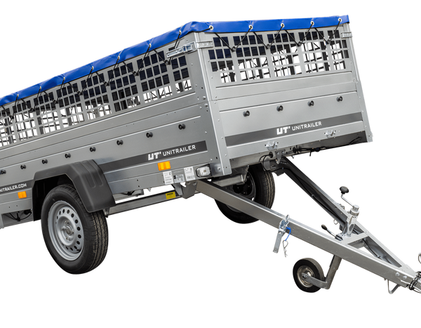 Pkw Transport Anhänger 230×125 Garden Trailer 230 KIPP mit Laubgitteraufsatz, blauer Flachplane, Planenträgern und Stützrad-Neu