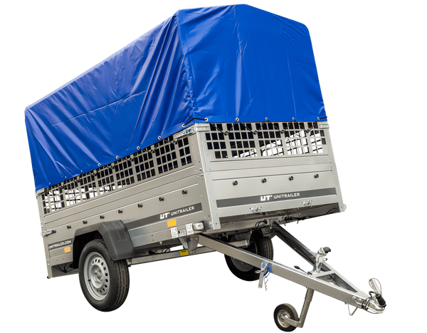 Planenanhänger 230×125 Garden Trailer 230 KIPP mit Laubgitteraufsatz, blauer Hochplane, Hochspriegel und Stützrad-Neu