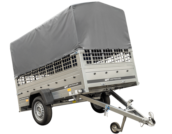 Planenanhänger 230×125 Garden Trailer 230 KIPP mit Laubgitteraufsatz, grauer Hochplane, Hochspriegel und Stützrad-Neu