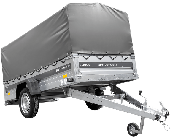 Ungebremster Anhänger 264×125 UNITRAILER FORCE 264 KIPP mit H-800 Spriegel und grauer Hochplane-Neu