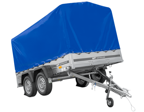 Zweiachsanhänger 264×150 UNITRAILER GARDEN 265/2 KIPP mit Rahmen H-1100 und blauer Plane-Neu
